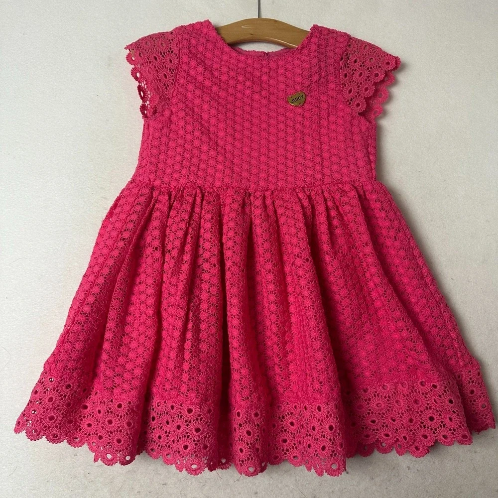 Juicy Couture Girls Pink Eyelet Lace Dress Gold Heart Logo Button Back Size 6X